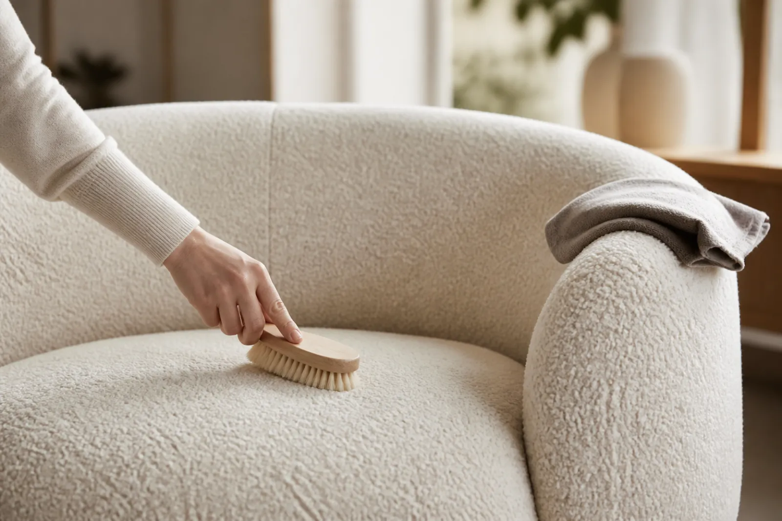 Cleaning a boucle barrel chair seat with a soft brush and microfiber cloth