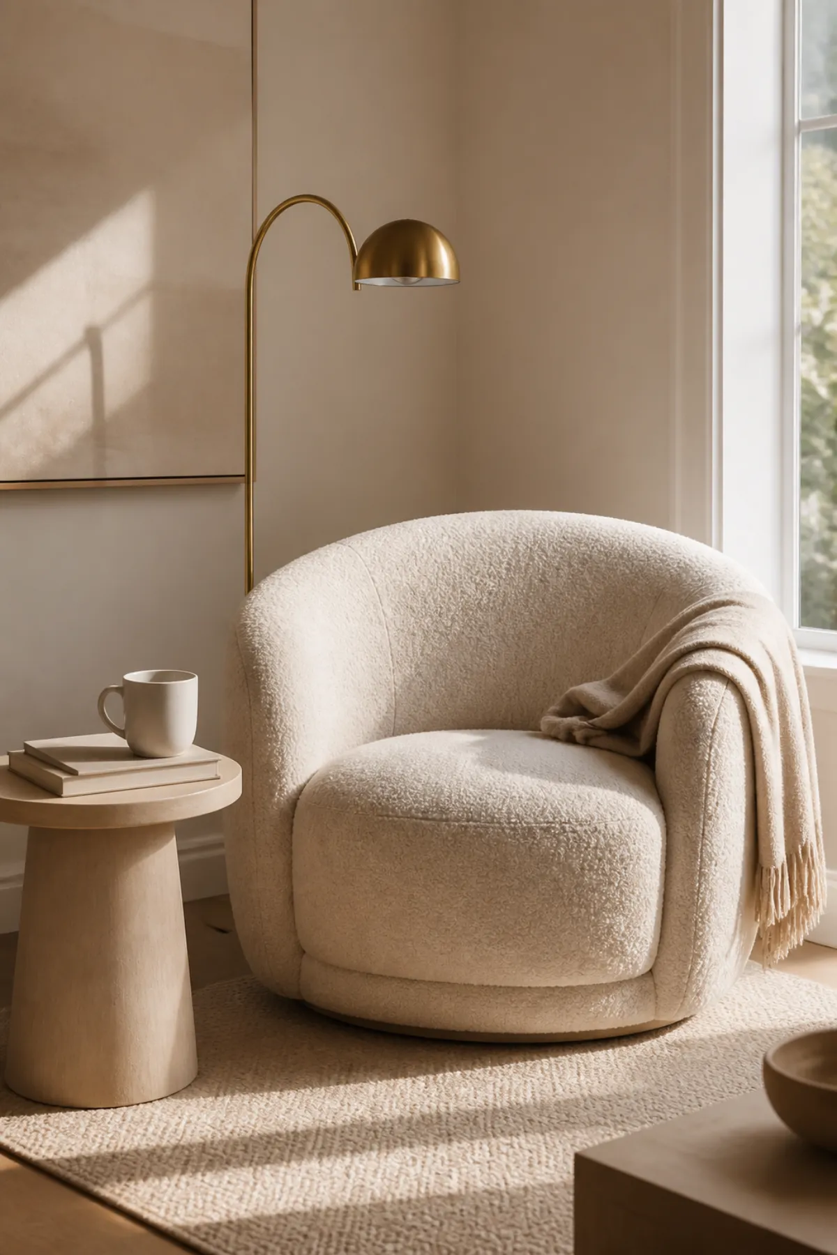 Barrel chair styled as a reading nook with a floor lamp and side table