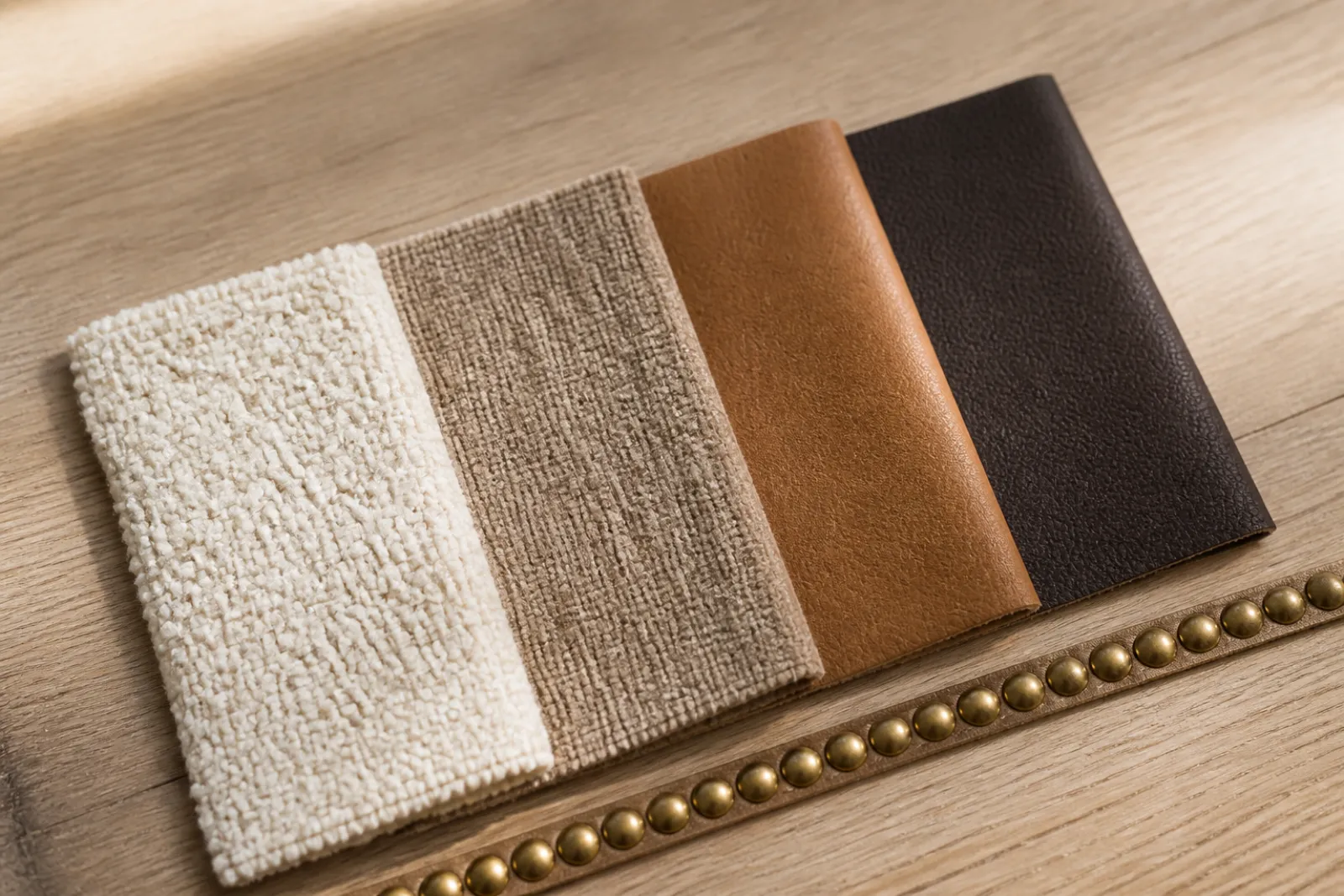 Close-up of boucle, chenille and leather upholstery swatches for barrel chairs