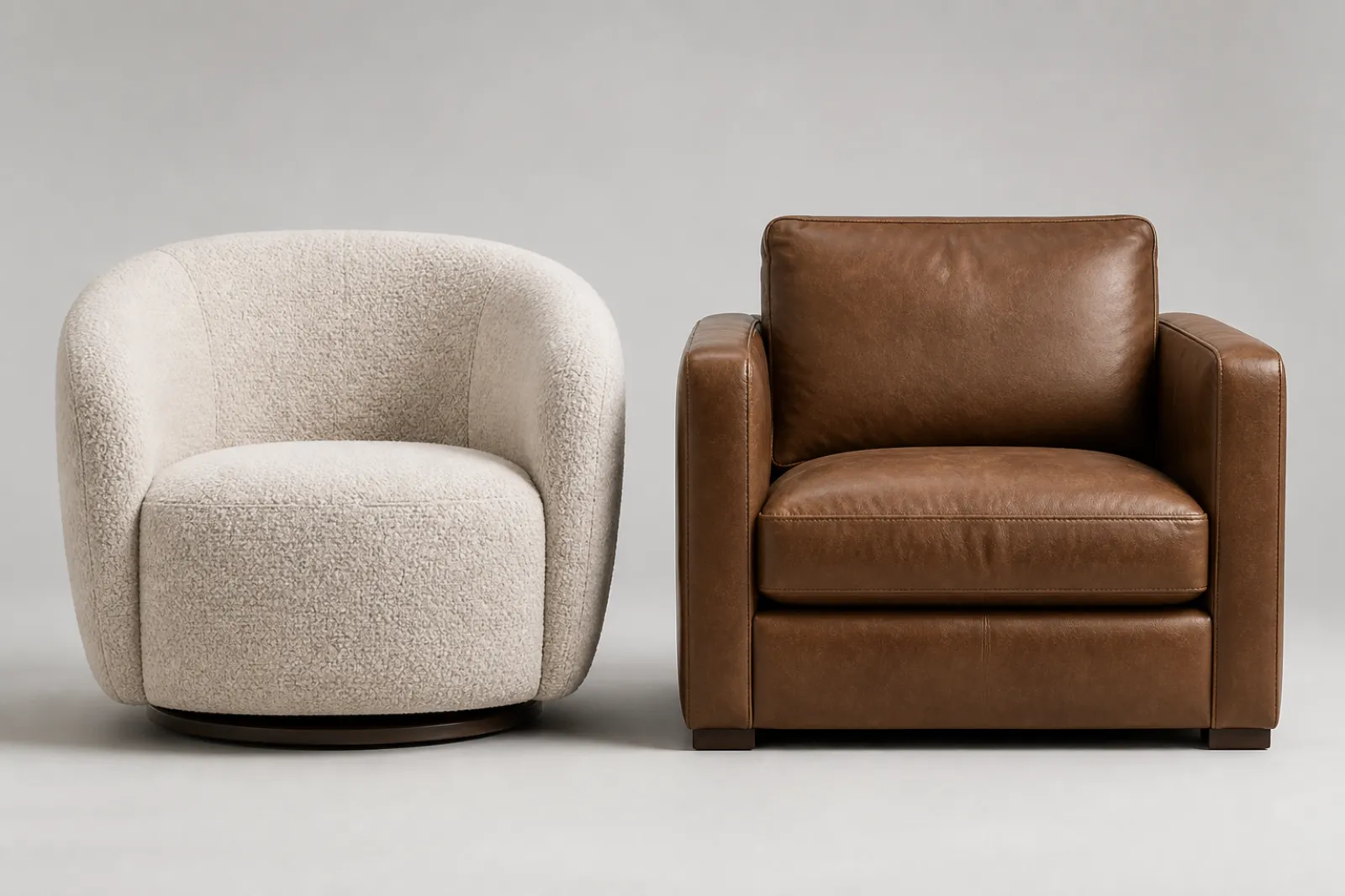 A rounded barrel chair beside a squared leather club chair for comparison