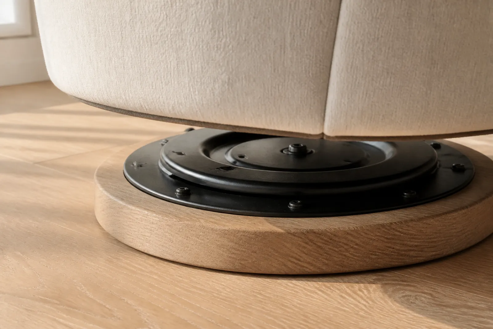 Detail of a swivel barrel chair base showing the 360-degree metal mechanism