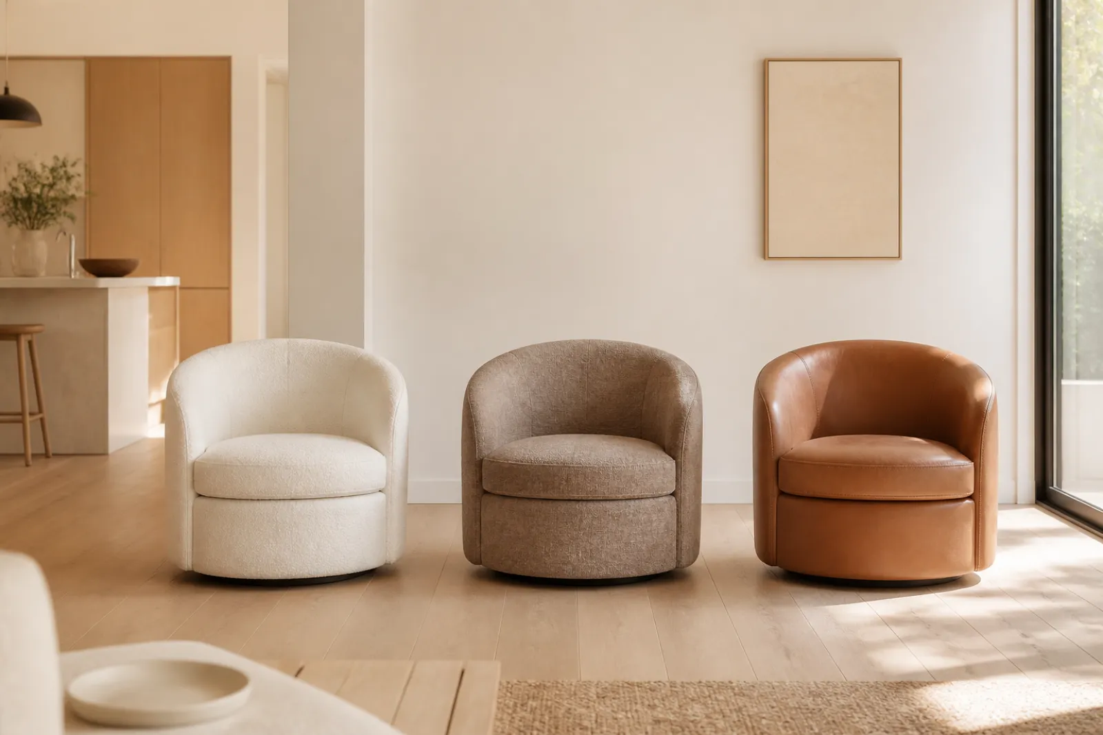 Three swivel barrel chairs in different fabrics lined up in a styled room